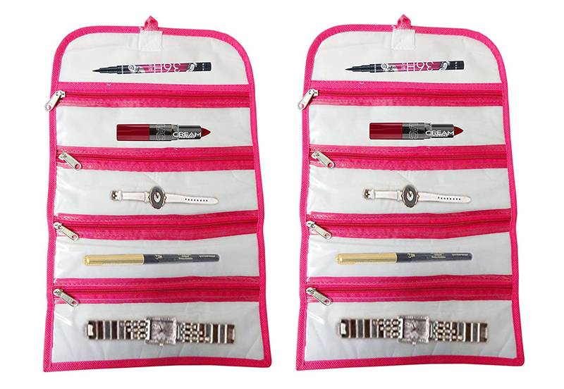 Atorakushon   Fabric Cosmetic Makeup Pouch Payal Chain Wrist Watch Jewelry Organizer Pack of 2 (pink)