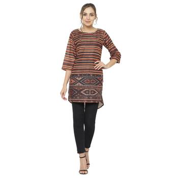 Brown printed dupion silk short-kurtis 1