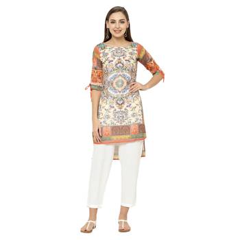 Beige printed dupion silk short-kurtis 1