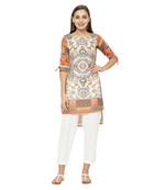 Beige printed dupion silk short-kurtis