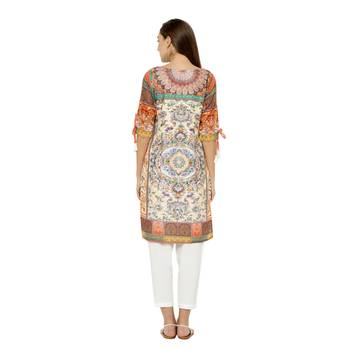 Beige printed dupion silk short-kurtis 4