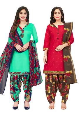 Women's Pack of 2 Synthetic Printed Unstitched Dress Material Combo 1