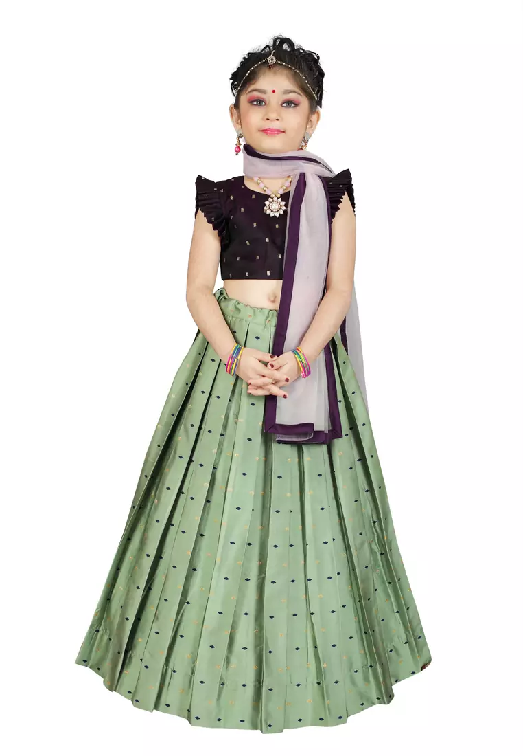 Kids Maroon Blouse And Pista Lehanga Choli Set For Girls 