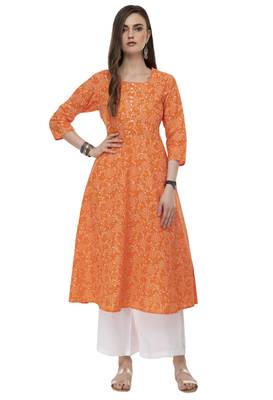 Rishaga Orange Hand Block Print Cotton Flared Kurta With Palazzo Set 1