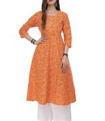 Rishaga Orange Hand Block Print Cotton Flared Kurta With Palazzo Set