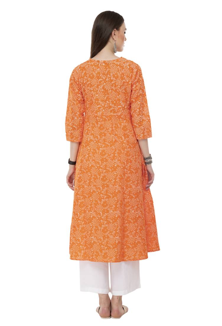Rishaga Orange Hand Block Print Cotton Flared Kurta With Palazzo Set
