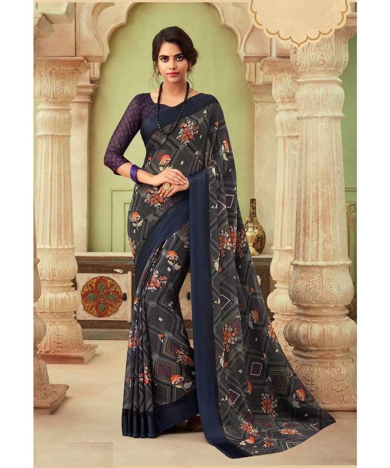 Grey Printed Chiffon Saree main image 0