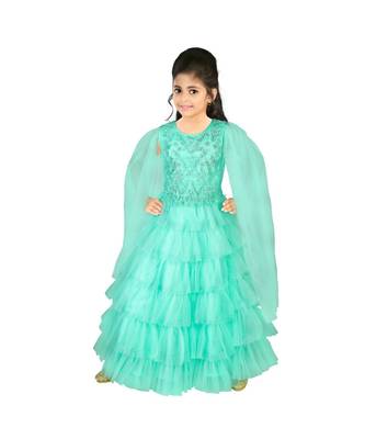 Sea Green Embroidered and Frills Layered Net Gown for Girls 1