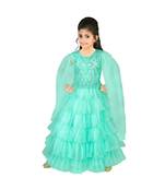 Sea Green Embroidered and Frills Layered Net Gown for Girls
