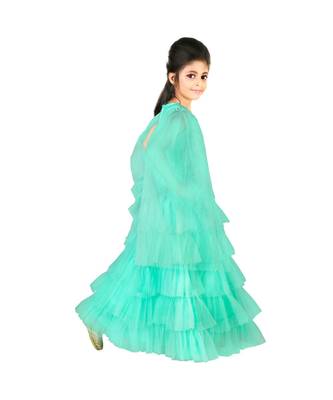Sea Green Embroidered and Frills Layered Net Gown for Girls 2