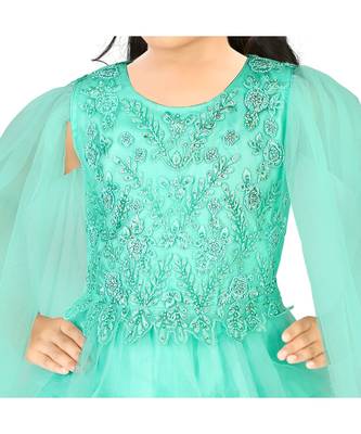 Sea Green Embroidered and Frills Layered Net Gown for Girls 3