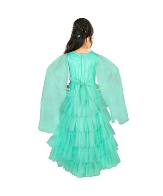 Sea Green Embroidered and Frills Layered Net Gown for Girls 4