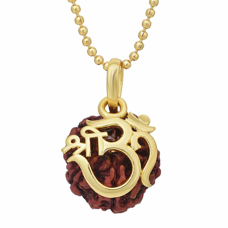 Lord Shiva Designer Pendant For Unisex Gold Plated Om Shri Rudraksha Pendant With Chain 