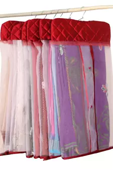 atorakushon   Satin Net Hanging Saree Cover Garments Wardrobe Organizer Pack of6  (maroon)