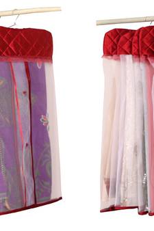 atorakushon   Satin Net Hanging Saree Cover Garments Wardrobe Organizer Pack of12 (maroon)