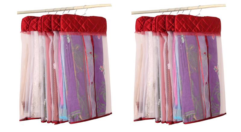atorakushon   Satin Net Hanging Saree Cover Garments Wardrobe Organizer Pack of12 (maroon)