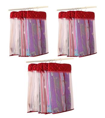 atorakushon   Satin Net Hanging Saree Cover Garments Wardrobe Organizer Pack of18 (maroon) 1