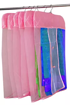 atorakushon   Satin Net Hanging Saree Cover Garments Wardrobe Organizer Pack of6  (Pink)