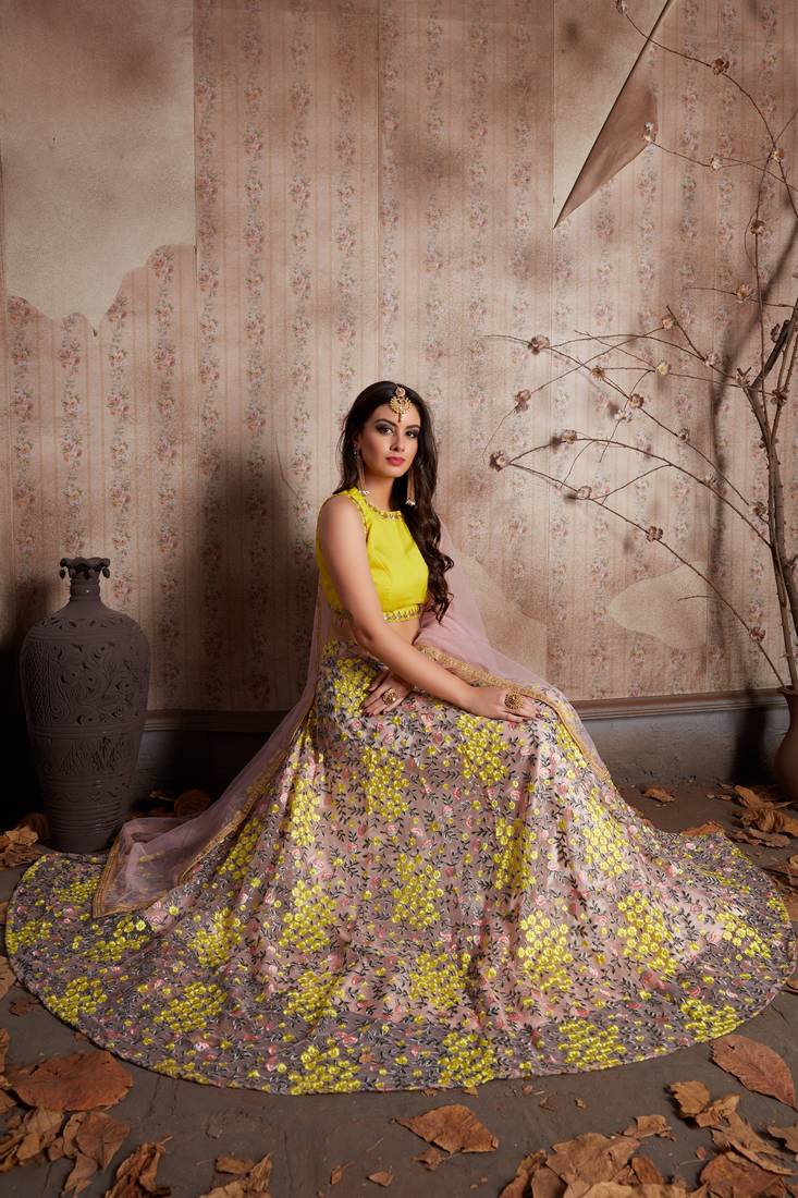 Light-pink embroidered art silk semi stitched lehenga