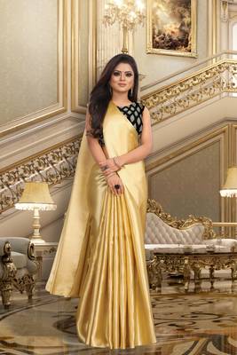 Gold plain satin saree with blouse 1