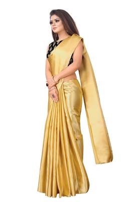 Gold plain satin saree with blouse 3
