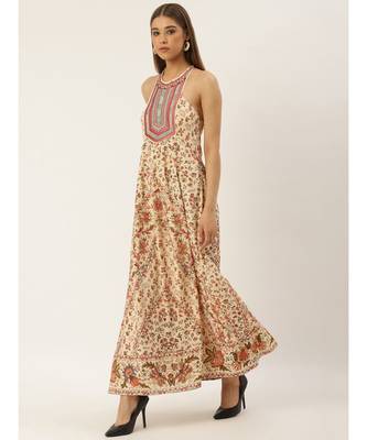 Label Ritu Kumar Off White Halter Neck Sleeveless Floral Long Dress 2