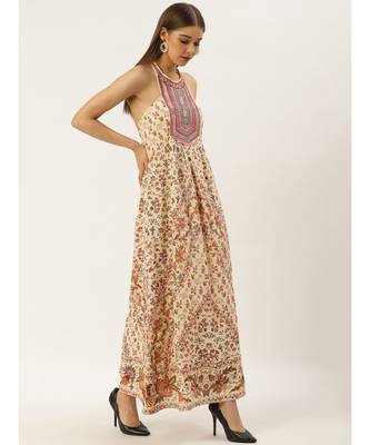 Label Ritu Kumar Off White Halter Neck Sleeveless Floral Long Dress 3