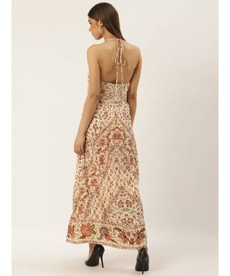Label Ritu Kumar Off White Halter Neck Sleeveless Floral Long Dress 4