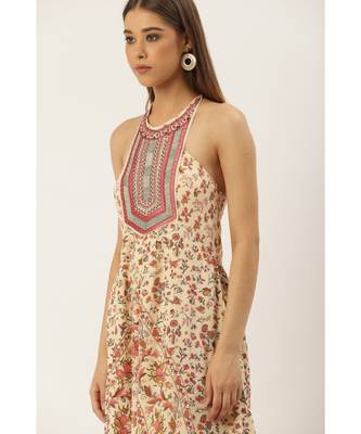 Label Ritu Kumar Off White Halter Neck Sleeveless Floral Long Dress 5
