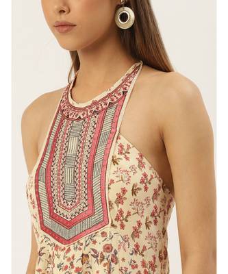 Label Ritu Kumar Off White Halter Neck Sleeveless Floral Long Dress 6