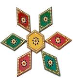 Yellow, Green, Red colour  Wood and Stone art Hexagon and Leaf Shape Rangoli