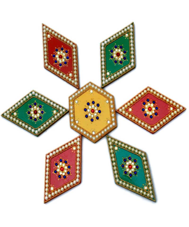 Yellow, Green, Red colour  Wood and Stone art Hexagon and Leaf Shape Rangoli