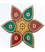 Yellow, Green, Red colour  Wood and Stone art Curve Hexagon and Leaf Shape Rangoli