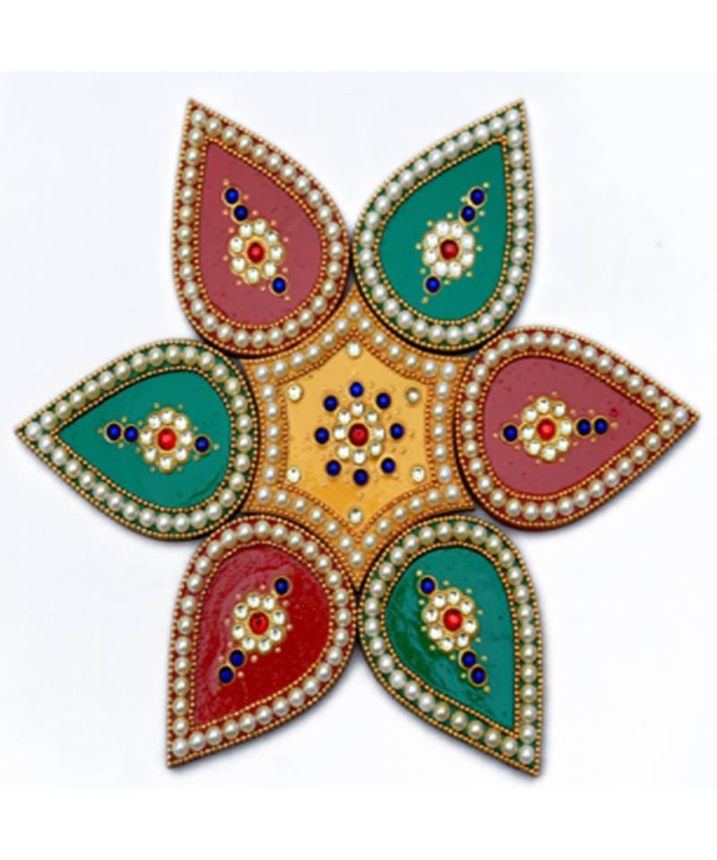Yellow, Green, Red colour  Wood and Stone art Curve Hexagon and Leaf Shape Rangoli