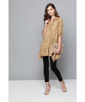 Ritu Kumar Beige Winged Collar Full Sleeve Short Shirt Kurti With Embroidery 1