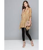 Ritu Kumar Beige Winged Collar Full Sleeve Short Shirt Kurti With Embroidery