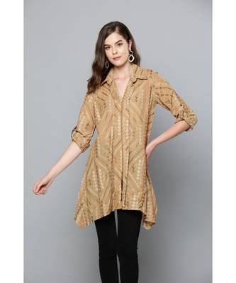 Ritu Kumar Beige Winged Collar Full Sleeve Short Shirt Kurti With Embroidery 2