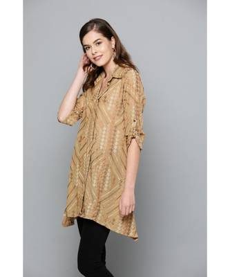 Ritu Kumar Beige Winged Collar Full Sleeve Short Shirt Kurti With Embroidery 3