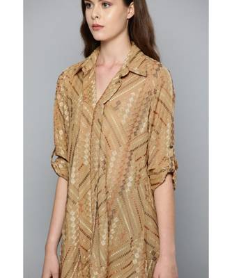 Ritu Kumar Beige Winged Collar Full Sleeve Short Shirt Kurti With Embroidery 4