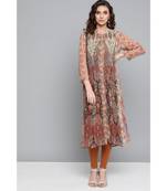 Ritu Kumar Beige Full Sleeve Long Printed Pintuck Kurta With Camisole