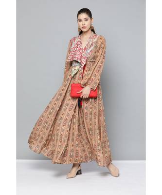 Ritu Kumar Beige Full Sleeve Long Printed Wrap Kurta 1