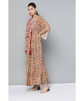 Ritu Kumar Beige Full Sleeve Long Printed Wrap Kurta 3