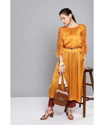 Ritu Kumar Gold Full Sleeve Solid Dress Kurta With Gathers And Belt 1