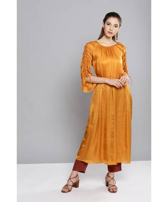 Ritu Kumar Gold Full Sleeve Solid Dress Kurta With Gathers And Belt 2