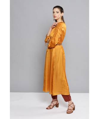 Ritu Kumar Gold Full Sleeve Solid Dress Kurta With Gathers And Belt 3