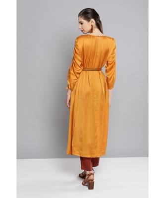 Ritu Kumar Gold Full Sleeve Solid Dress Kurta With Gathers And Belt 4