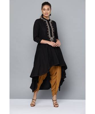 Ritu Kumar Women Black & Mustard Yellow Yoke Design Kurta with Dhoti Pants 1