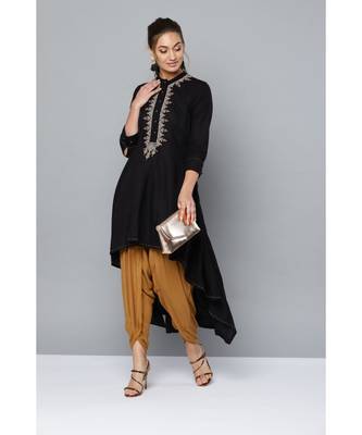 Ritu Kumar Women Black & Mustard Yellow Yoke Design Kurta with Dhoti Pants 4