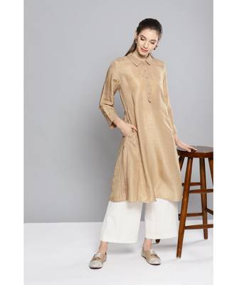 Ritu Kumar Beige Winged Collar Full Sleeve Mid Length Solid Kurti 1