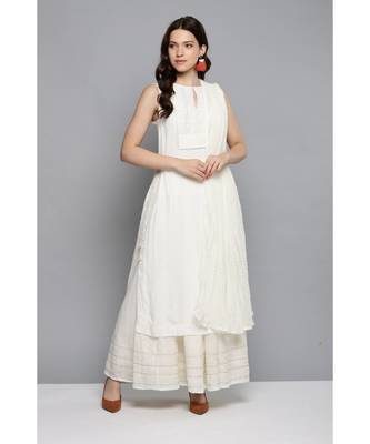 Ritu Kumar Off White Sleeveless Long Solid Kurta With Skirt And Dupatta 1